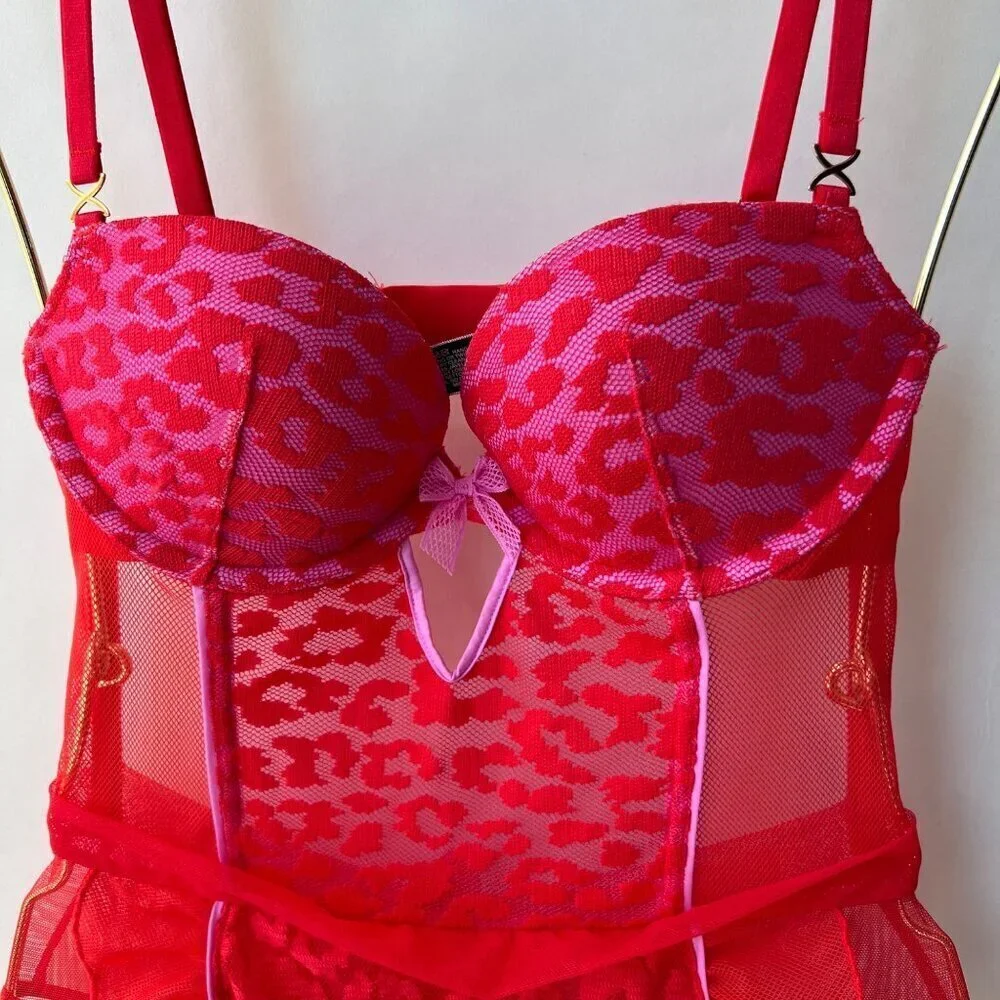 Victoria’s Secret Red Leopard Mesh Apron Lingerie Size 34B